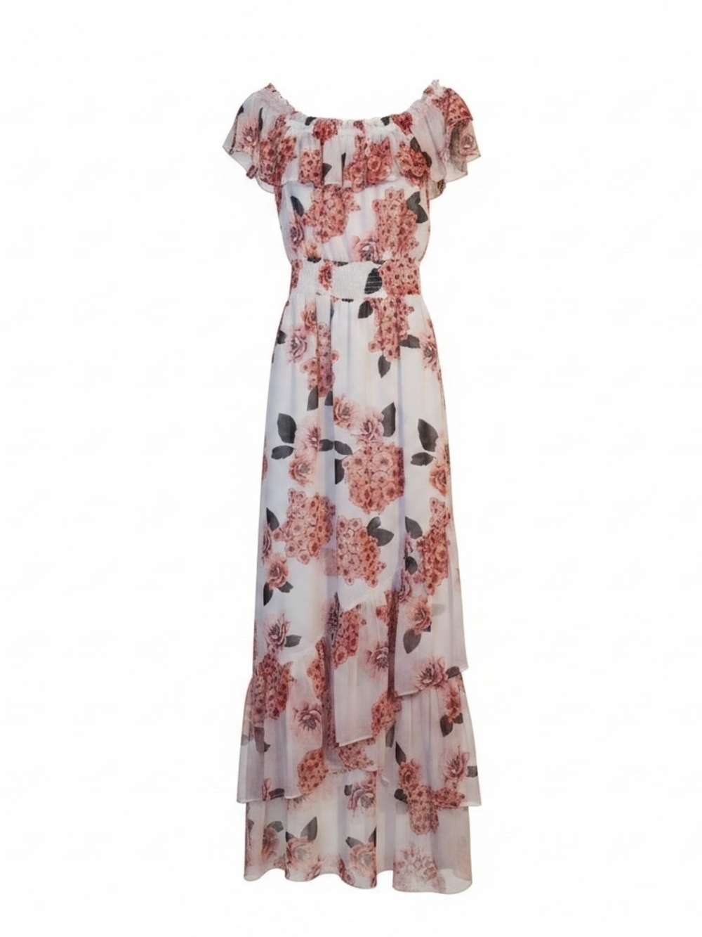 Floral Ruffle Off-Shoulder Maxi Dress - White & Pink size xxs
